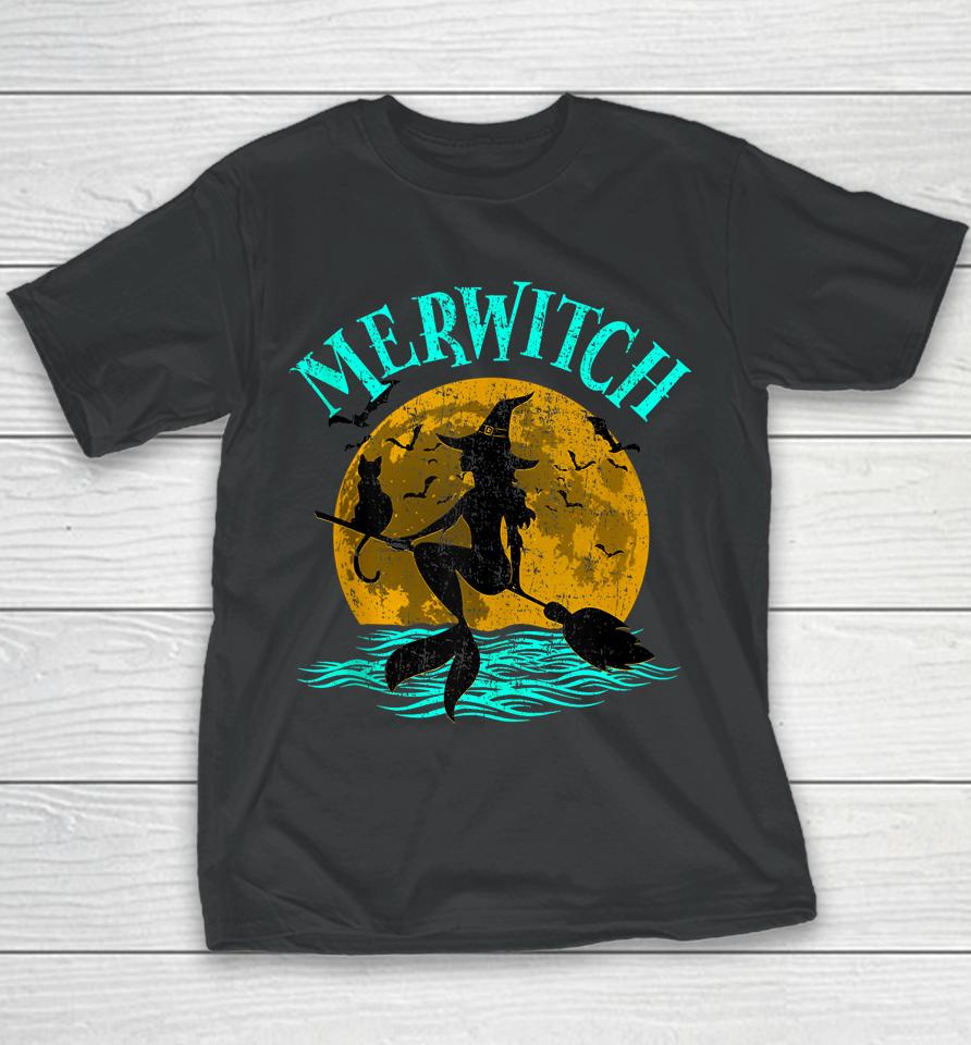 Merwitch Broomstick Halloween Costume Mermaid Witch And Cat Youth T-Shirt