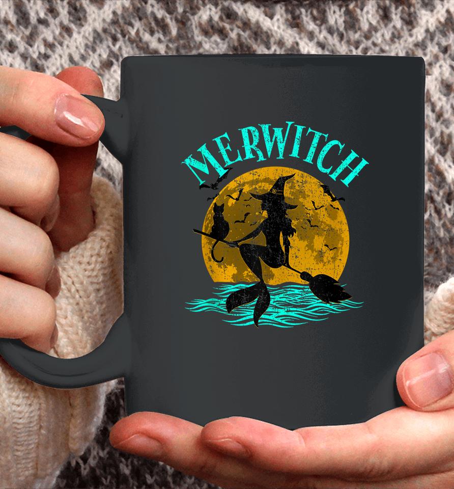 Merwitch Broomstick Halloween Costume Mermaid Witch And Cat Coffee Mug