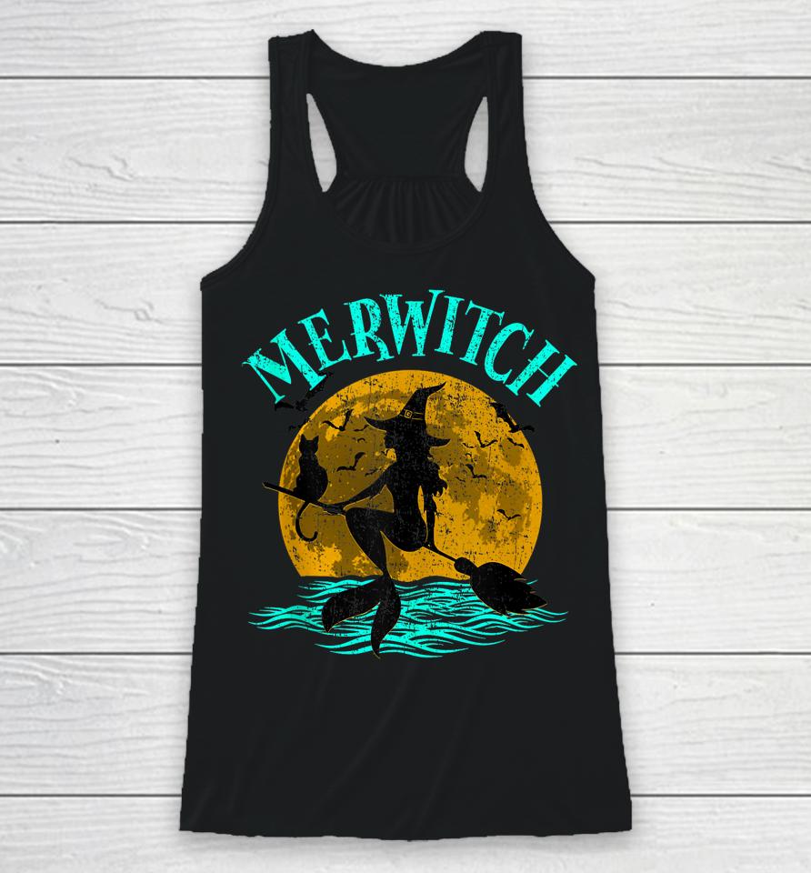 Merwitch Broomstick Halloween Costume Mermaid Witch And Cat Racerback Tank