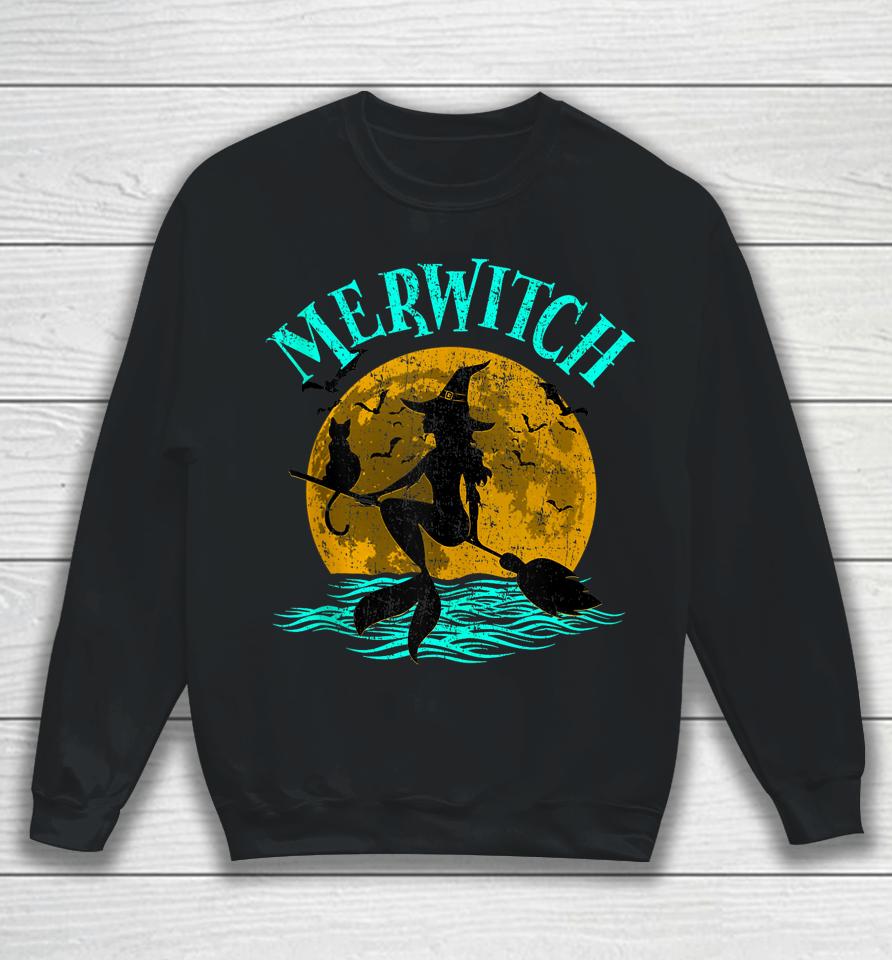 Merwitch Broomstick Halloween Costume Mermaid Witch And Cat Sweatshirt