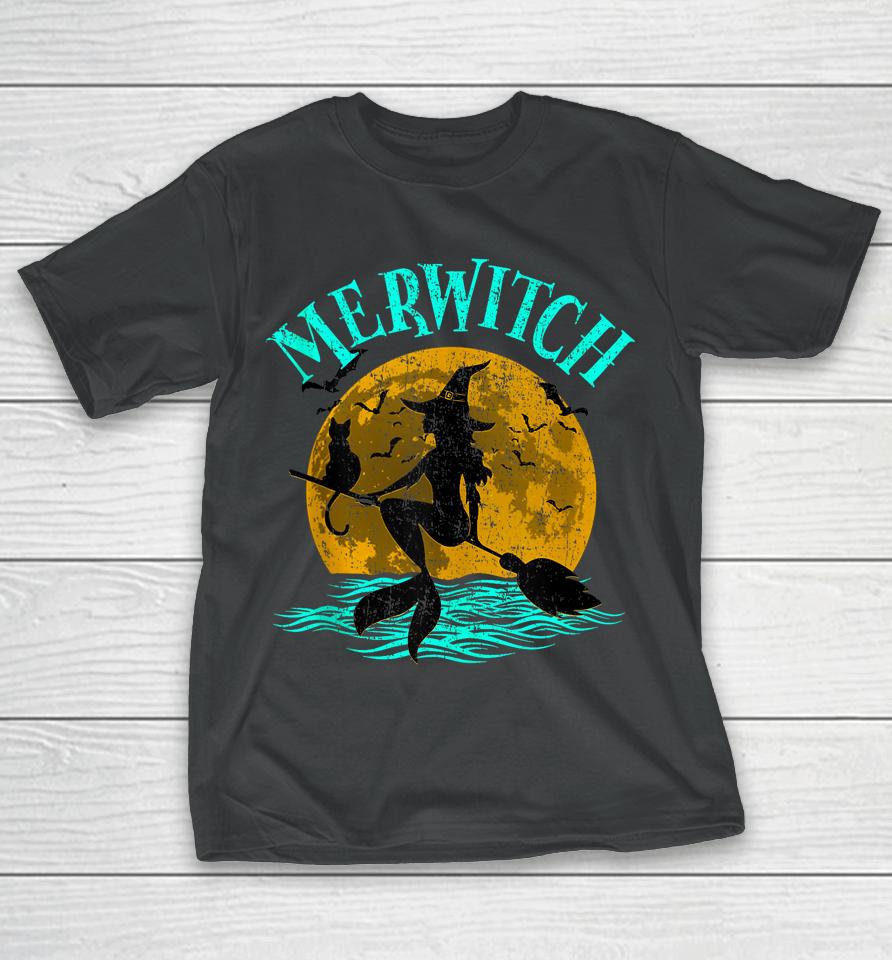 Merwitch Broomstick Halloween Costume Mermaid Witch And Cat T-Shirt