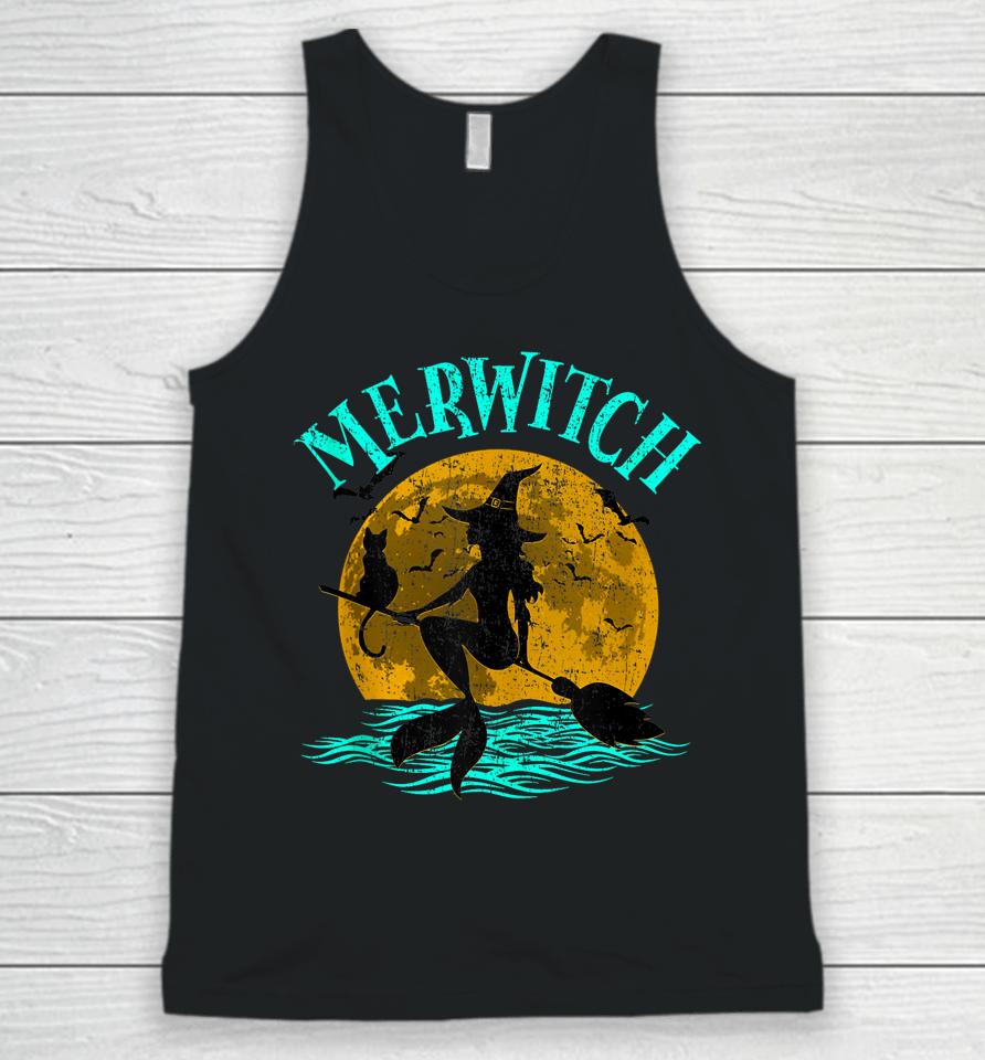 Merwitch Broomstick Halloween Costume Mermaid Witch And Cat Unisex Tank Top