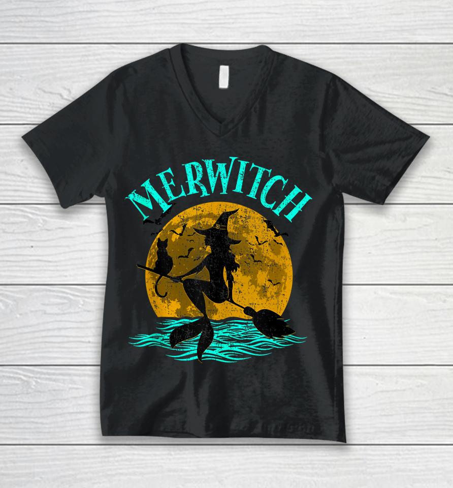 Merwitch Broomstick Halloween Costume Mermaid Witch And Cat Unisex V-Neck T-Shirt