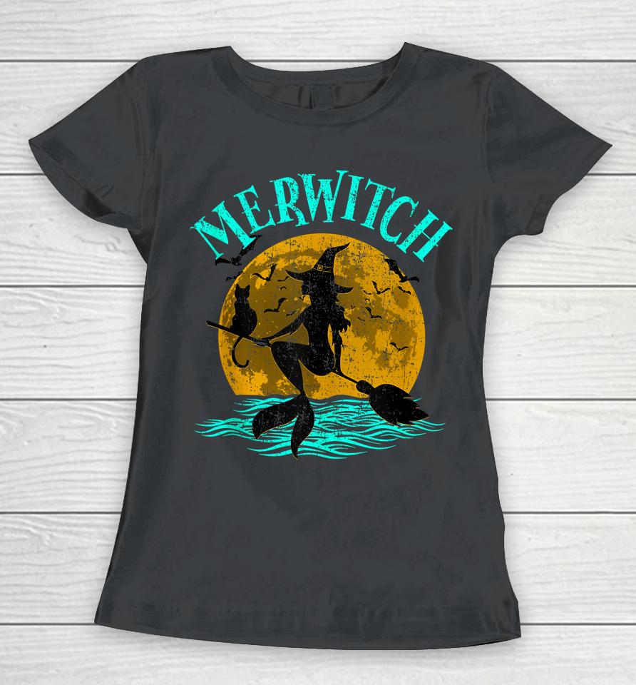 Merwitch Broomstick Halloween Costume Mermaid Witch And Cat Women T-Shirt