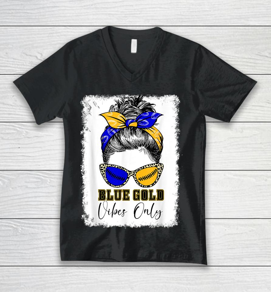 Messy Bun Blue And Gold Vibes Only School Football Game Day Unisex V-Neck T-Shirt