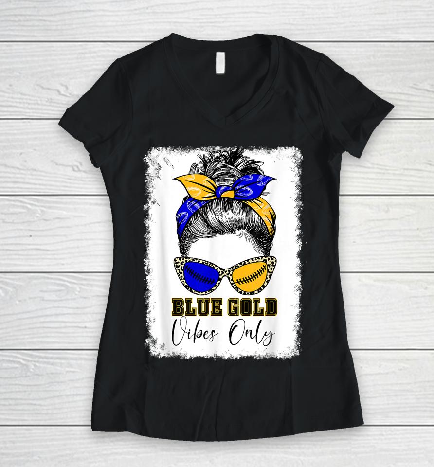 Messy Bun Blue And Gold Vibes Only School Football Game Day Women V-Neck T-Shirt