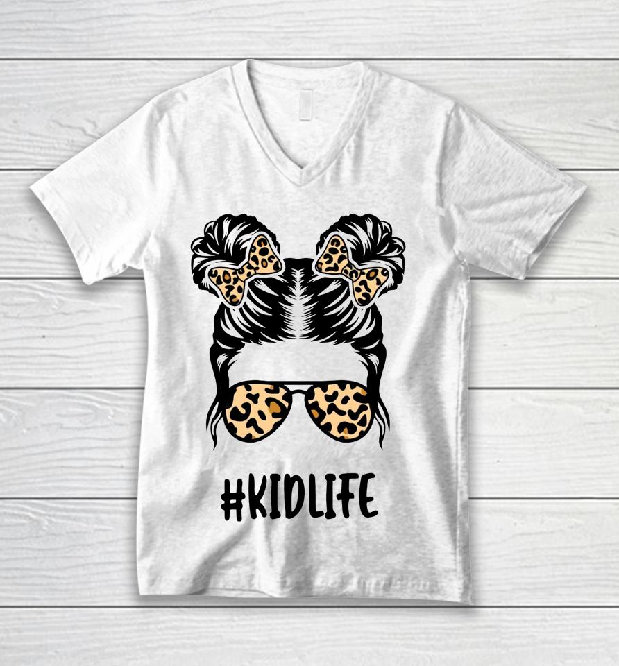 Messy Bun Kid Life Leopard Matching Mom Daughter Girl Kids Unisex V-Neck T-Shirt