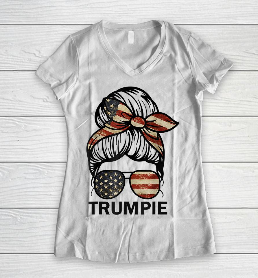 Messy Bun Trumpie Women V-Neck T-Shirt