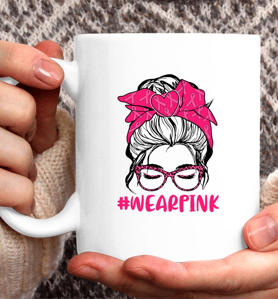 Messy Bun Women Glasses Wear Pink Breast Cancer Awareness Coffee Mug