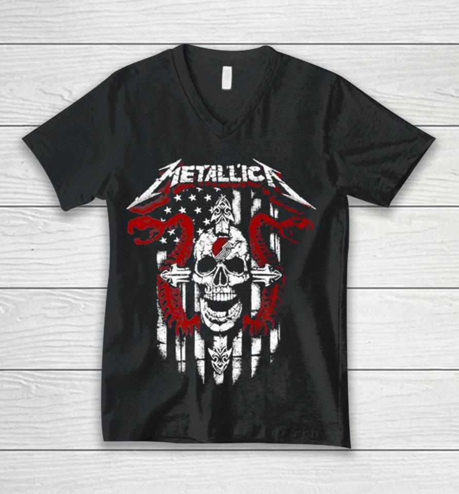 Metallica Snake Skull Portland Trail Blazers Logo Gildan 2023 Unisex V-Neck T-Shirt