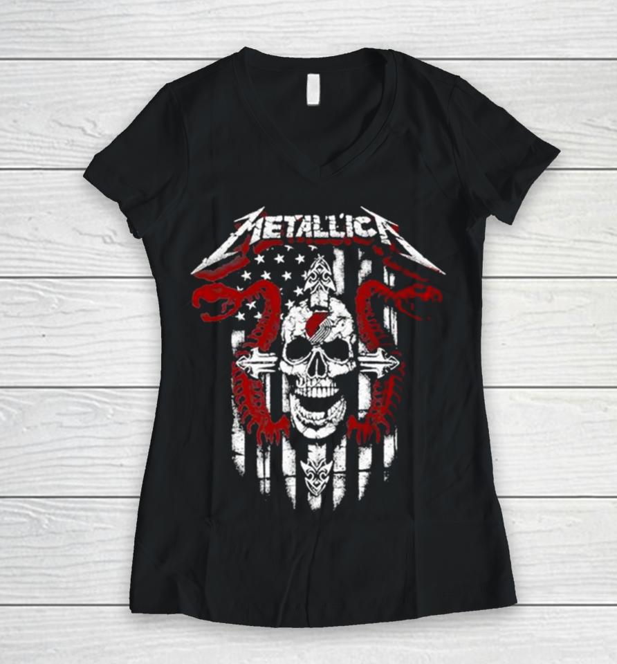 Metallica Snake Skull Portland Trail Blazers Logo Gildan 2023 Women V-Neck T-Shirt