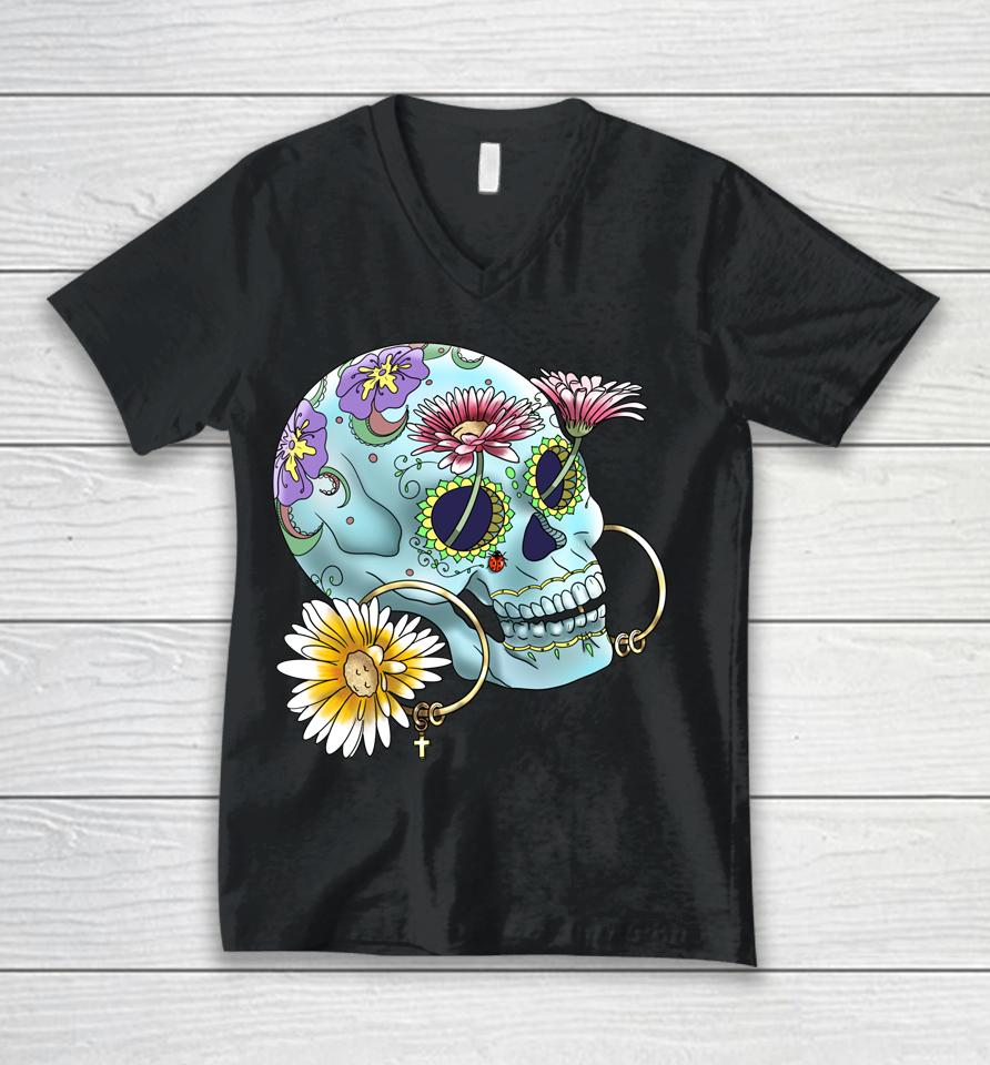 Mexican Calavera Dia De Los Muertos Day Of Dead Unisex V-Neck T-Shirt