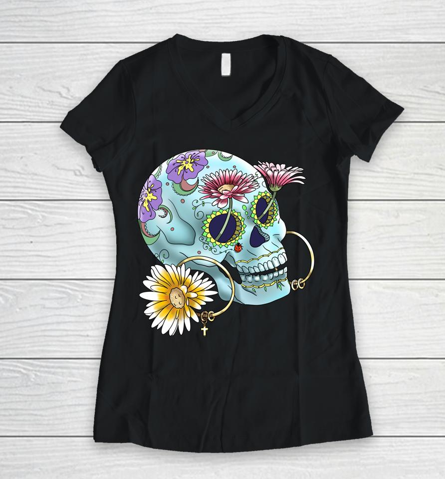 Mexican Calavera Dia De Los Muertos Day Of Dead Women V-Neck T-Shirt