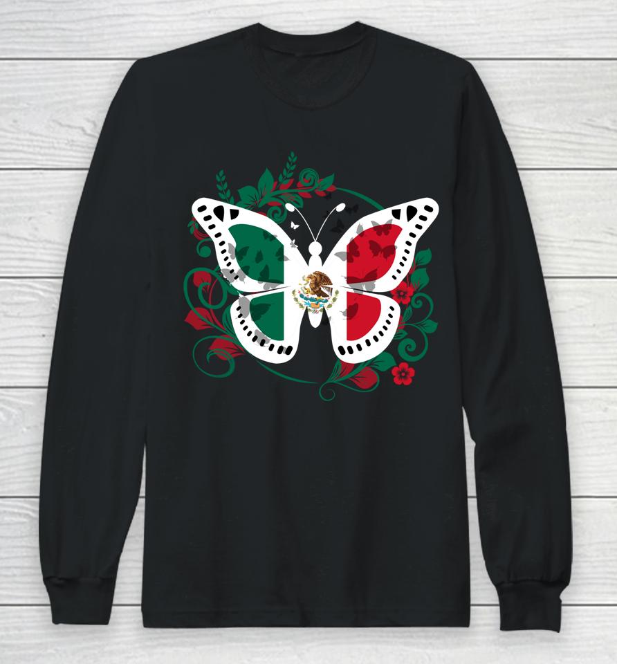 Mexican Flag Butterfly Mexican Womens Girls Cinco De Mayo Long Sleeve T-Shirt