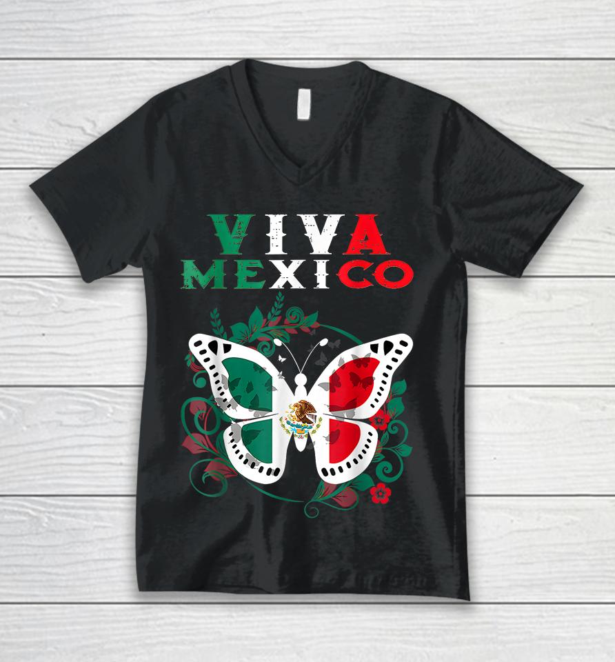 Mexican Independence Day Butterfly Mexico Pride Mexican Flag Unisex V-Neck T-Shirt