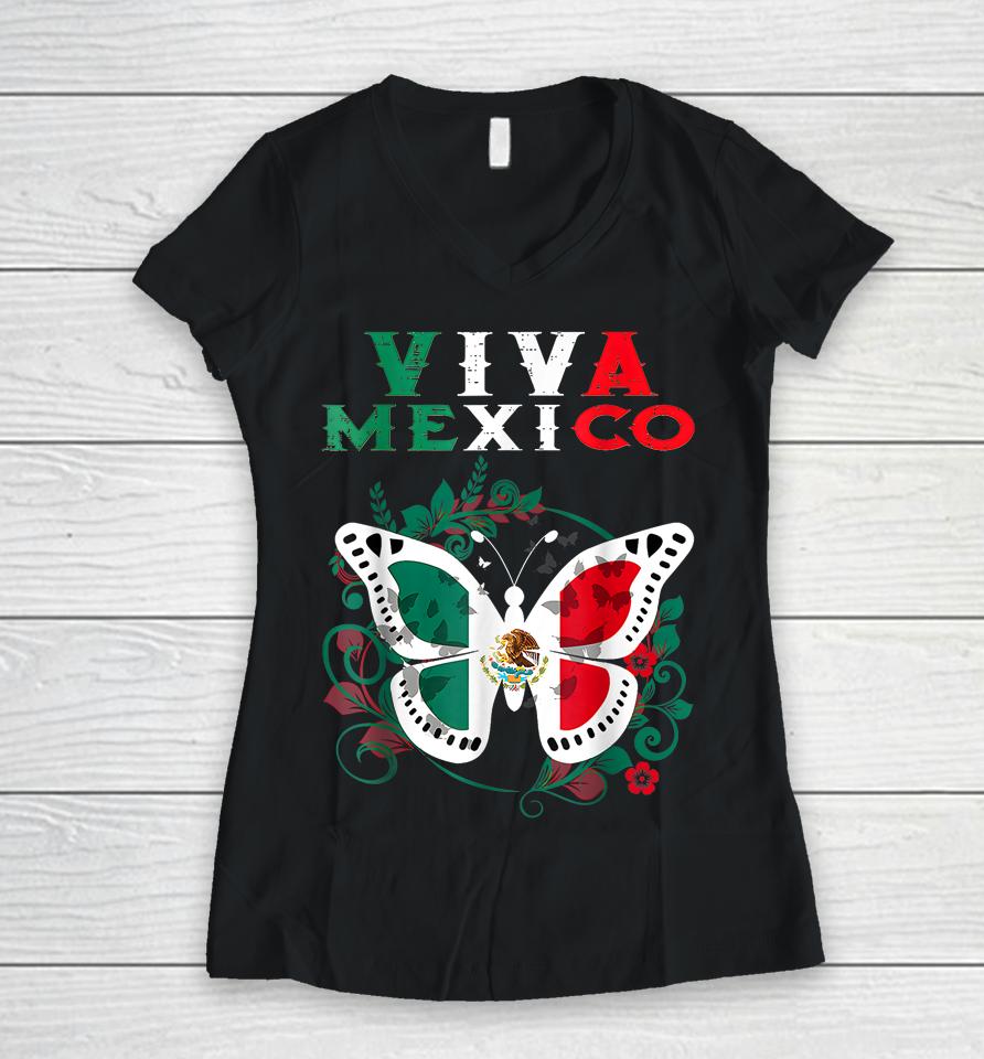 Mexican Independence Day Butterfly Mexico Pride Mexican Flag Women V-Neck T-Shirt