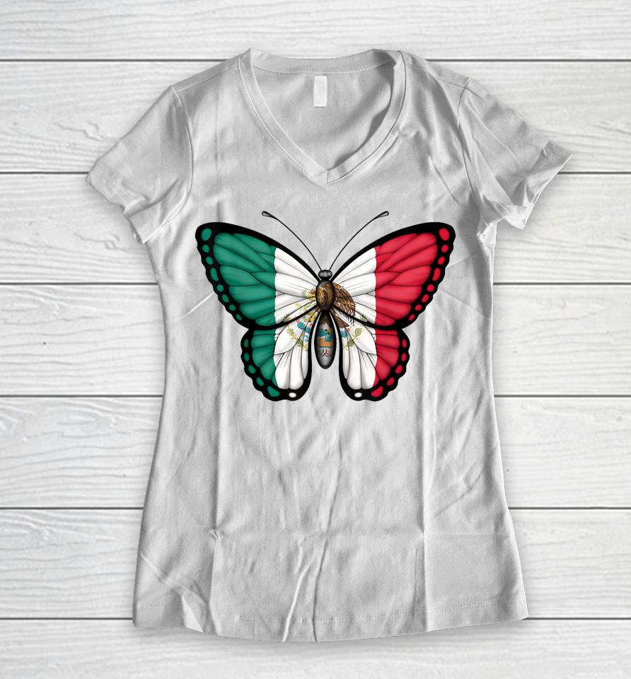 Mexican Independence Day Butterfly Mexico Women V-Neck T-Shirt
