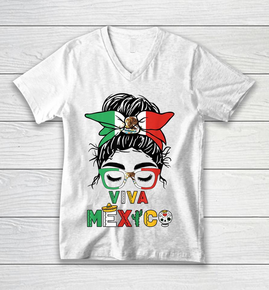 Mexican Independence Funny Viva Mexico Messy Bun Hair Unisex V-Neck T-Shirt
