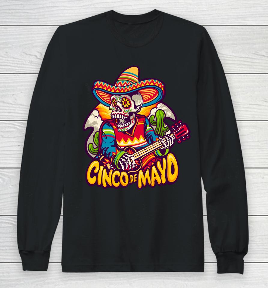 Mexican Skeleton Playing Electric Guitar Cinco De Mayo Long Sleeve T-Shirt