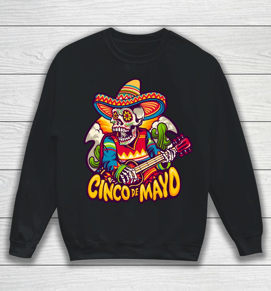 Mexican Skeleton Playing Electric Guitar Cinco De Mayo Sweatshirt
