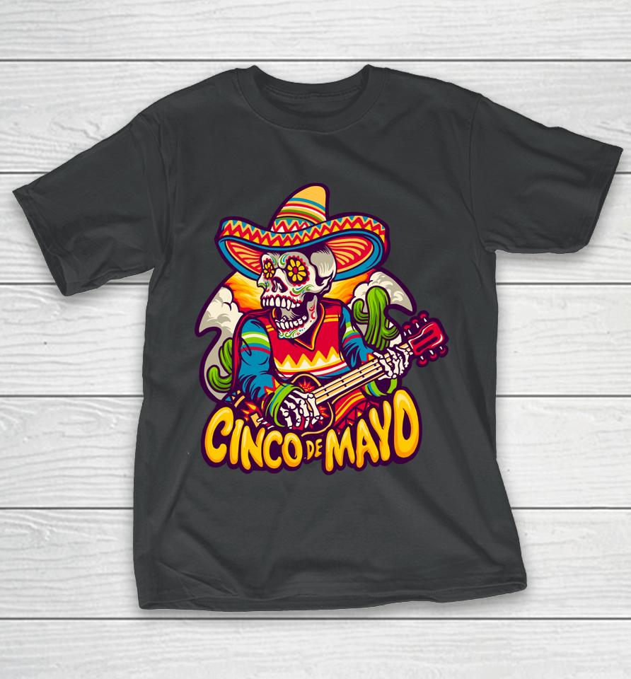 Mexican Skeleton Playing Electric Guitar Cinco De Mayo T-Shirt
