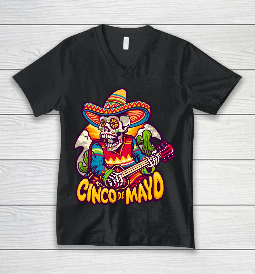Mexican Skeleton Playing Electric Guitar Cinco De Mayo Unisex V-Neck T-Shirt