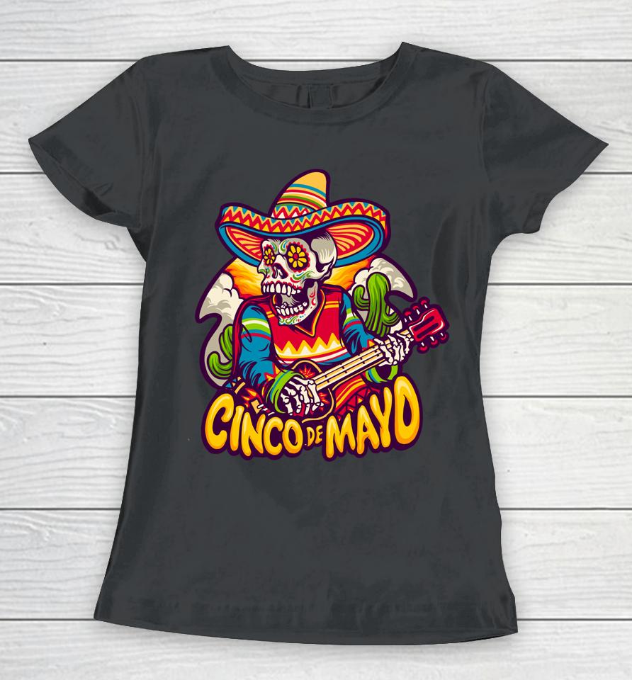 Mexican Skeleton Playing Electric Guitar Cinco De Mayo Women T-Shirt