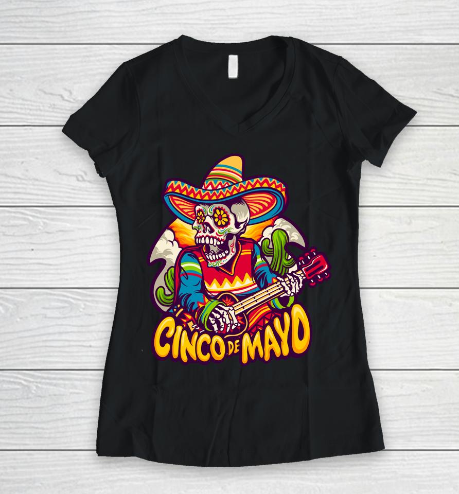 Mexican Skeleton Playing Electric Guitar Cinco De Mayo Women V-Neck T-Shirt