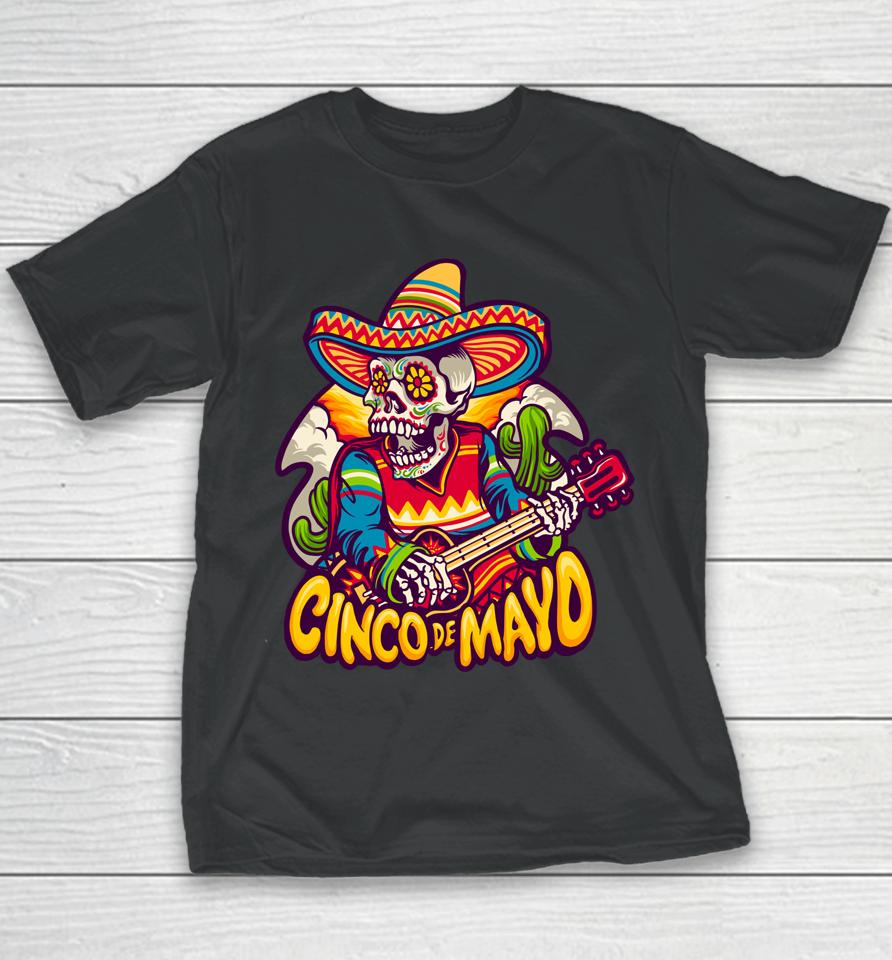 Mexican Skeleton Playing Electric Guitar Cinco De Mayo Youth T-Shirt