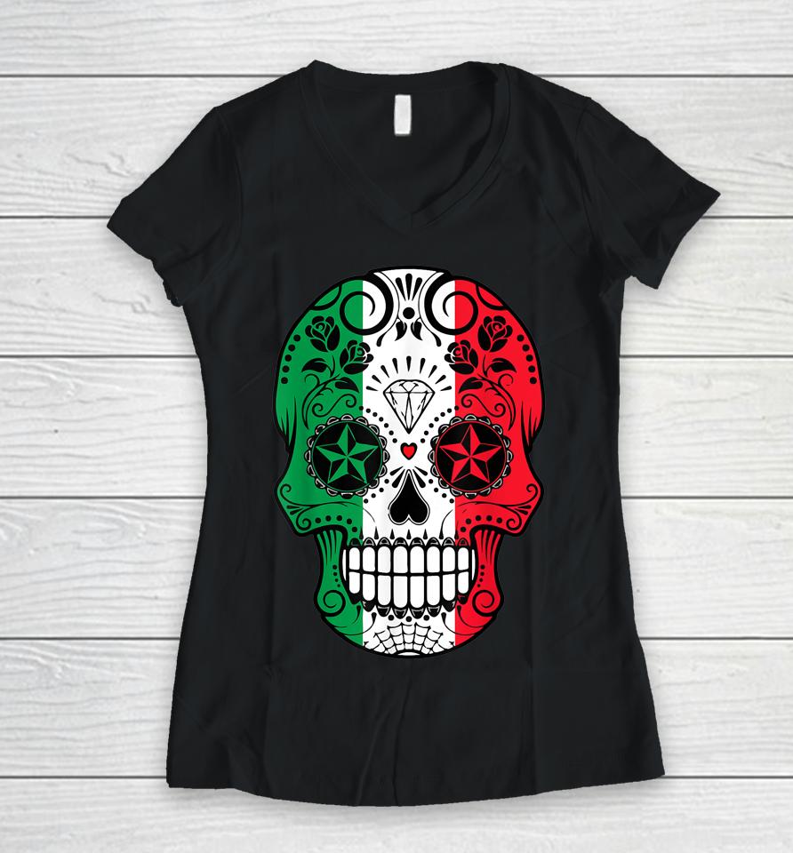 Mexican Sugar Skull Cinco De Mayo Skull Women V-Neck T-Shirt