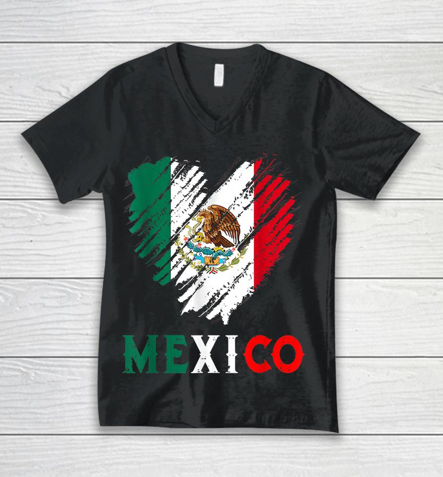 Mexico City Mexican Flag Heart Viva Mexico Independence Day Unisex V-Neck T-Shirt