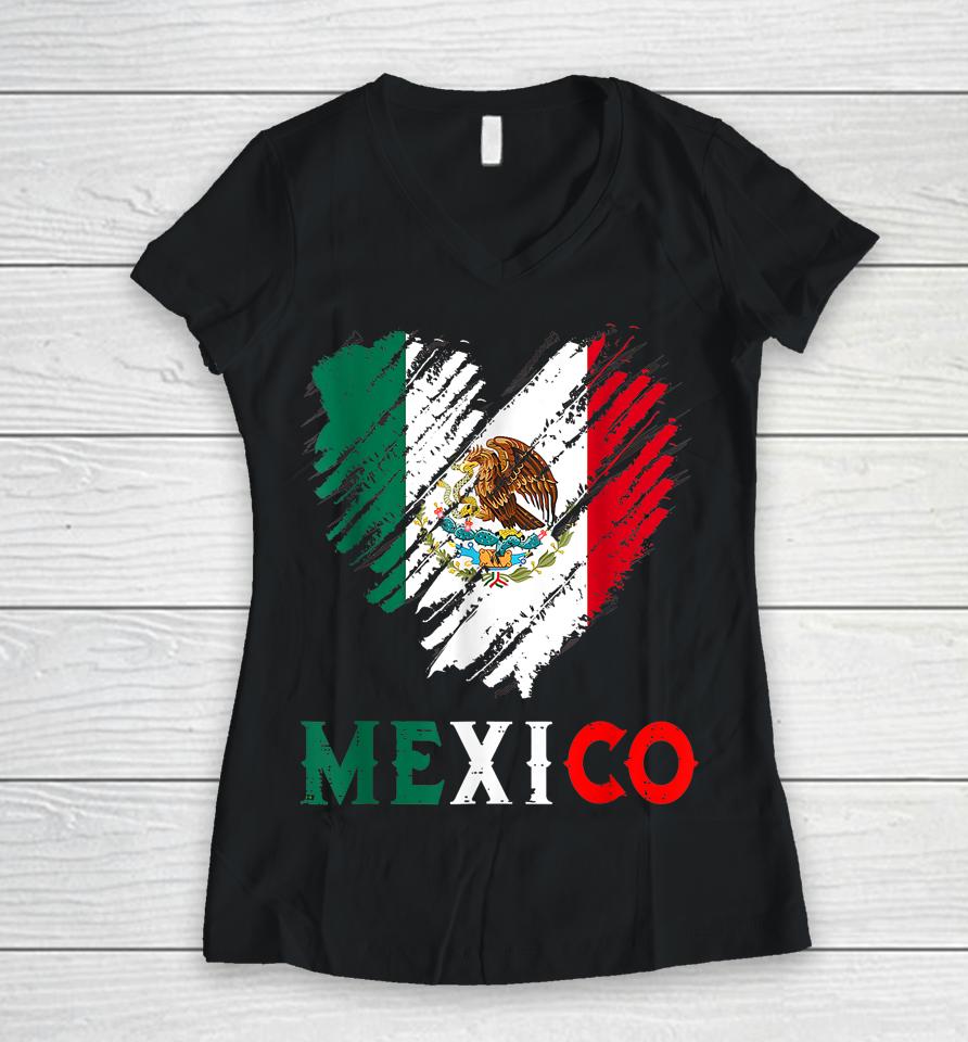 Mexico City Mexican Flag Heart Viva Mexico Independence Day Women V-Neck T-Shirt