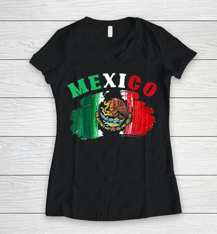 Mexico Mexican Flag Pride Eagle Red Green And White Women V-Neck T-Shirt