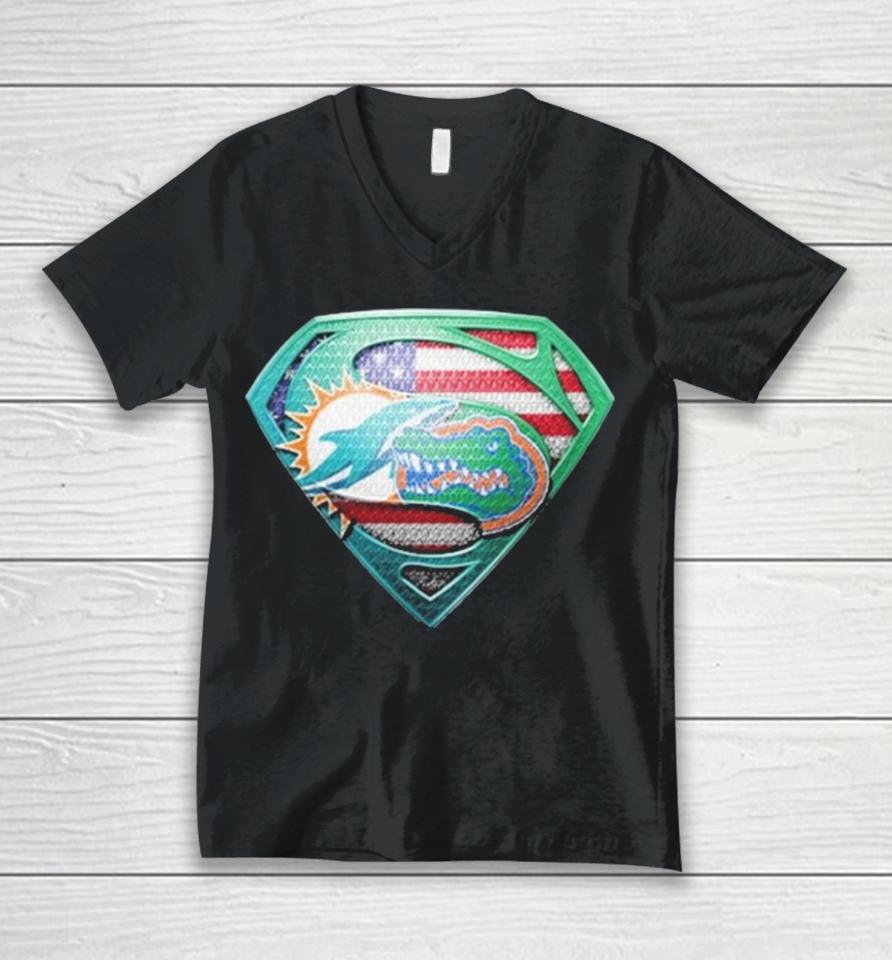 Miami Dolphins And Florida Gators Superman Sports Unisex V-Neck T-Shirt