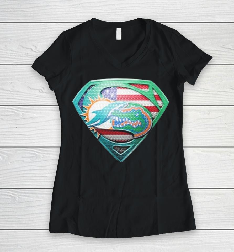 Miami Dolphins And Florida Gators Superman Sports Women V-Neck T-Shirt