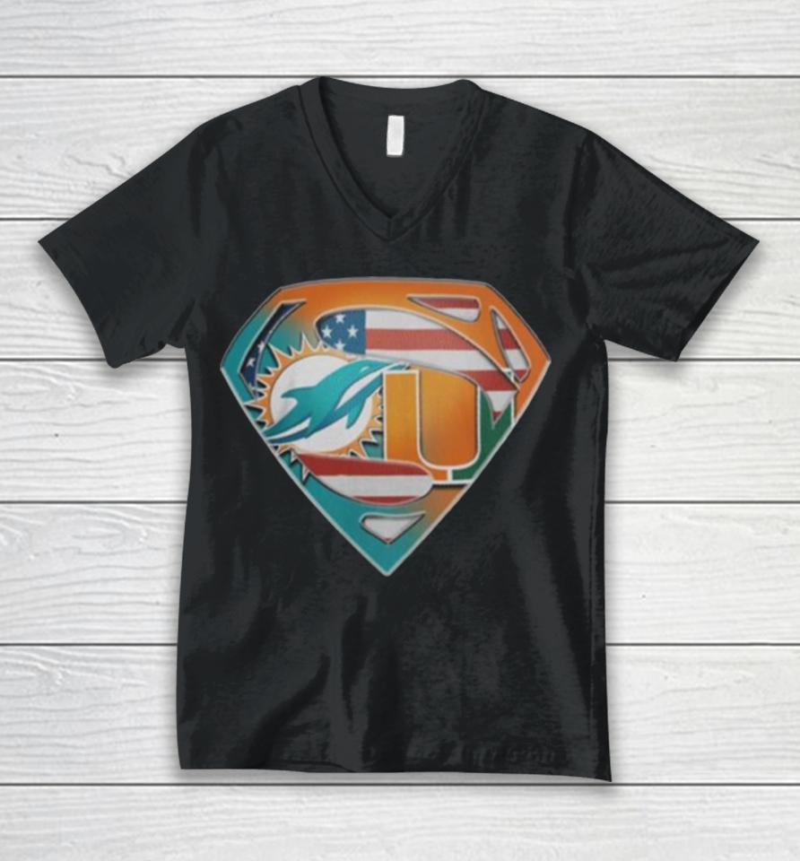 Miami Dolphins And Miami Hurricanes Superman Sports Logo Unisex V-Neck T-Shirt