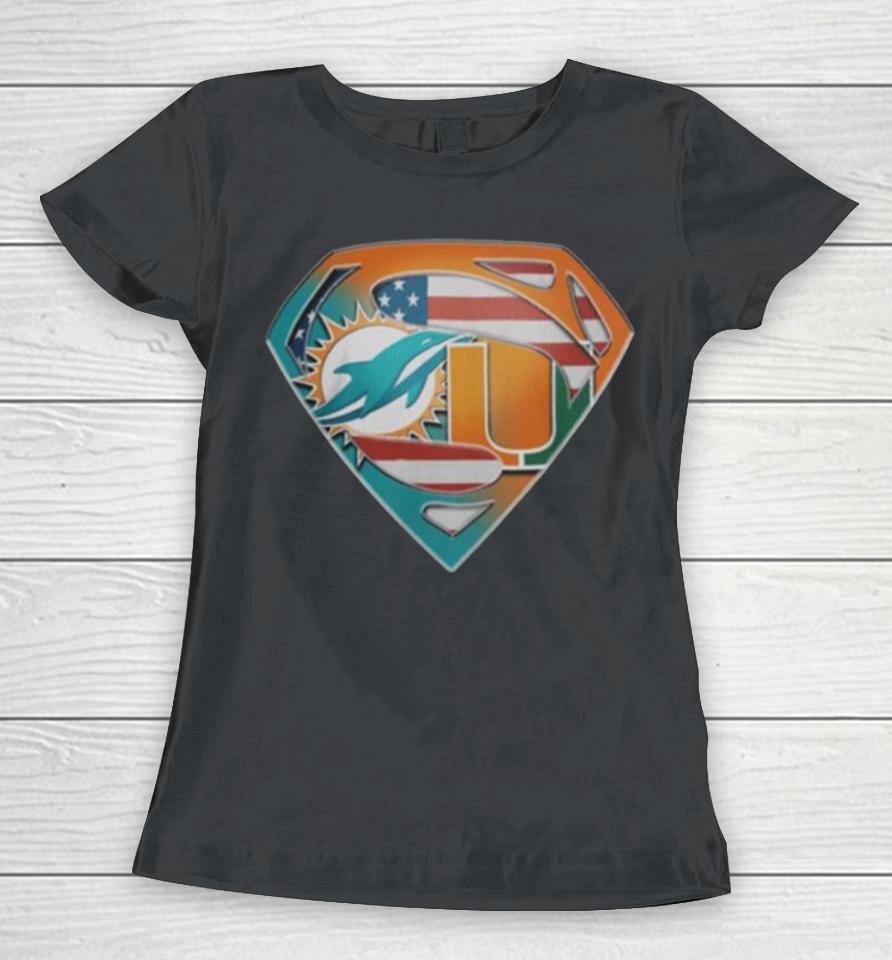 Miami Dolphins And Miami Hurricanes Superman Sports Logo Women T-Shirt