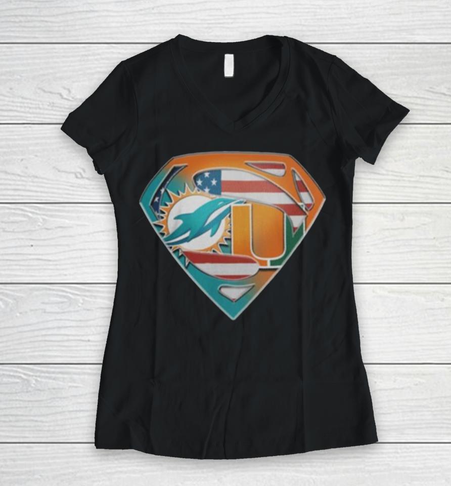Miami Dolphins And Miami Hurricanes Superman Sports Logo Women V-Neck T-Shirt
