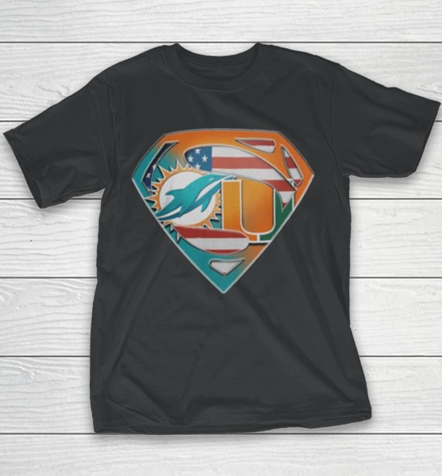 Miami Dolphins And Miami Hurricanes Superman Sports Logo Youth T-Shirt