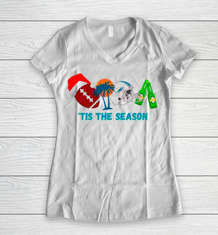 Miami Dolphins Christmas Football Tis The Season Women V-Neck T-Shirt