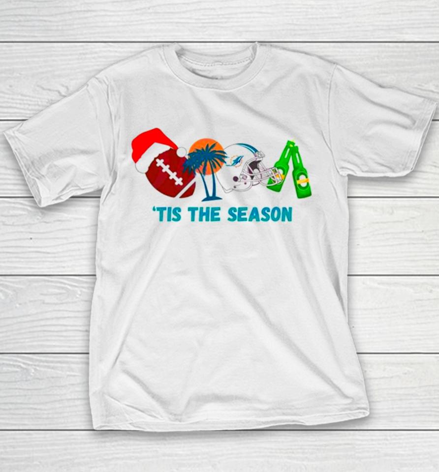 Miami Dolphins Christmas Football Tis The Season Youth T-Shirt