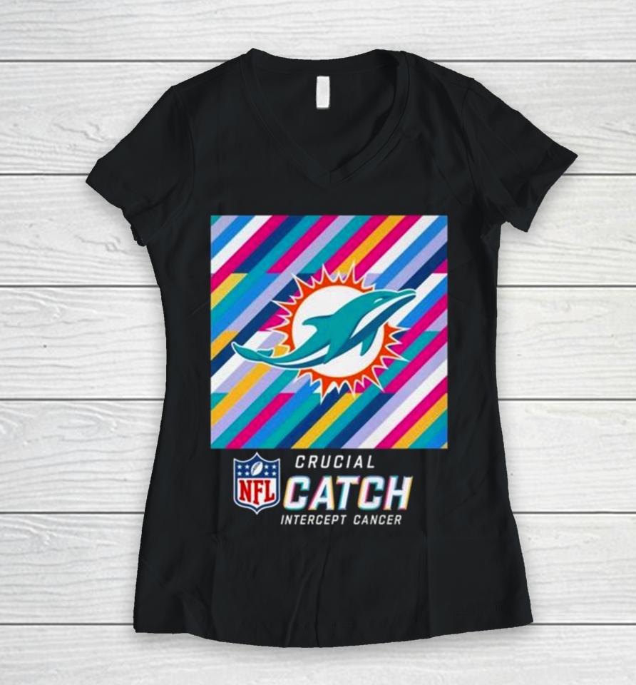Miami Dolphins Nfl Crucial Catch Intercept Cancer Women V-Neck T-Shirt