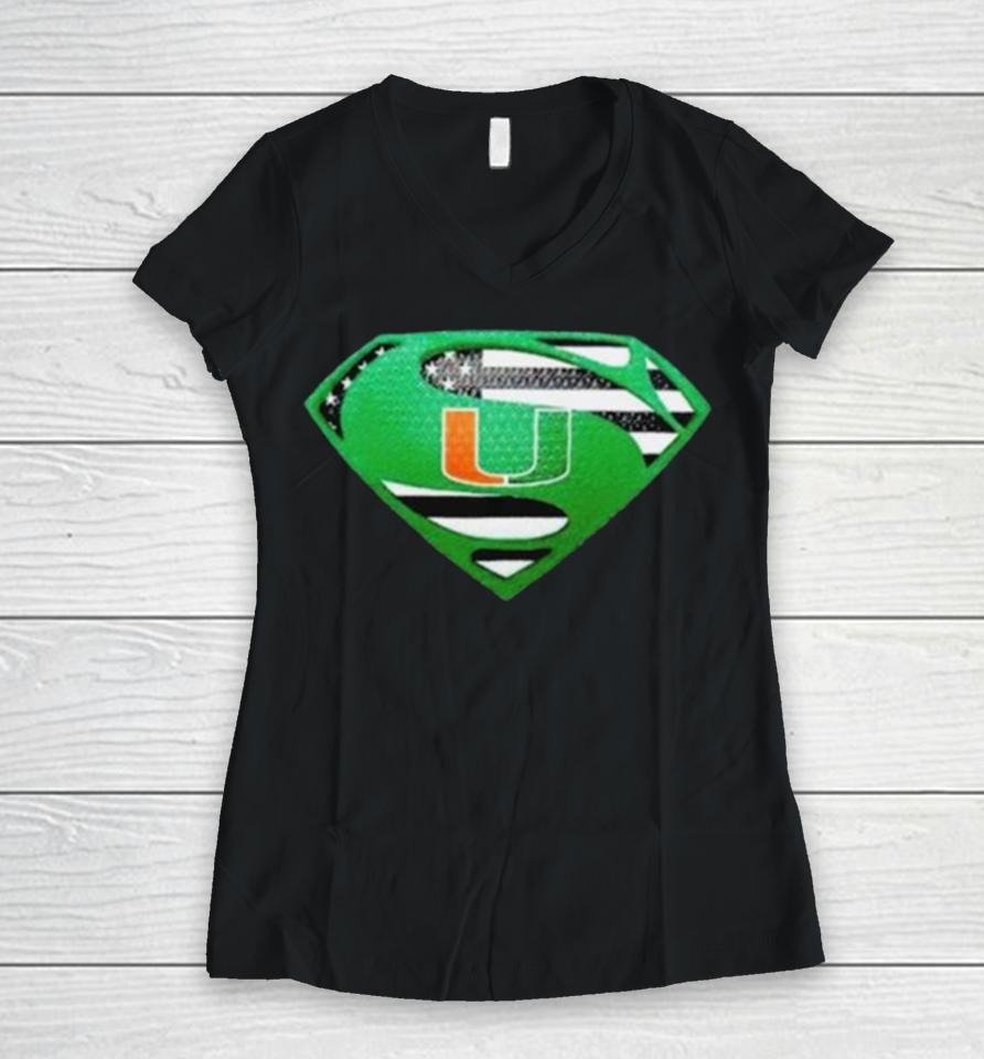 Miami Hurricanes Usa Flag Inside Superman Women V-Neck T-Shirt