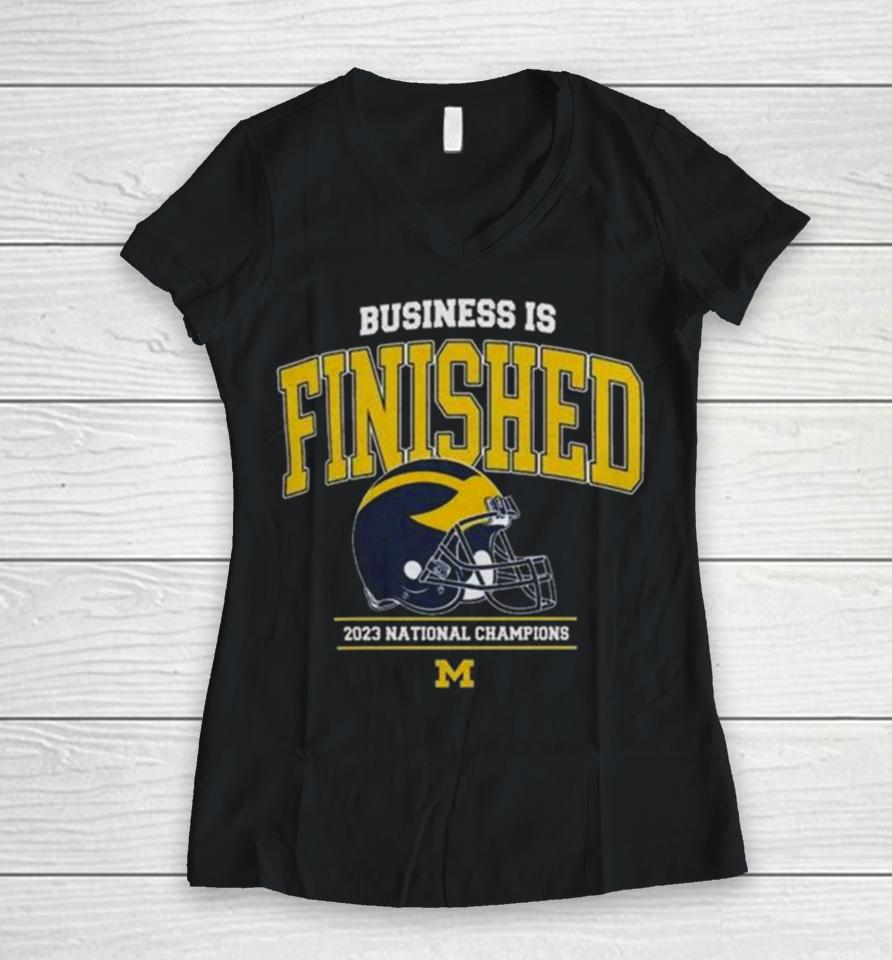 Michigan Football 2023 National Champions Navy Business Is Finished Team Women V-Neck T-Shirt