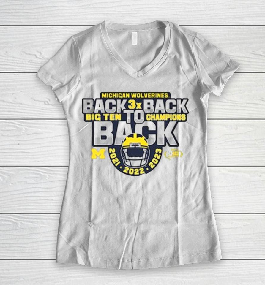 Michigan Football Back To Back To Back 2023 Big Ten Champions Women V-Neck T-Shirt