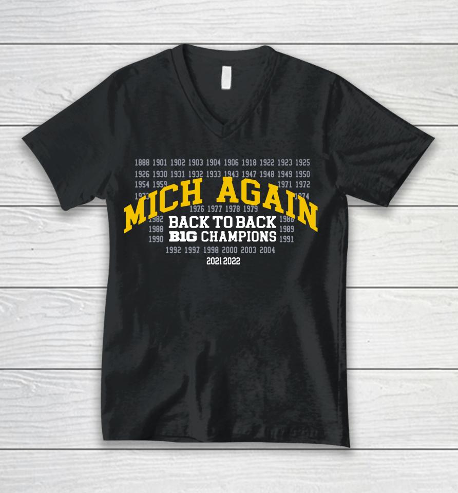 Michigan Football Mich Again Back-To-Back Big Ten Champions 2022 Unisex V-Neck T-Shirt