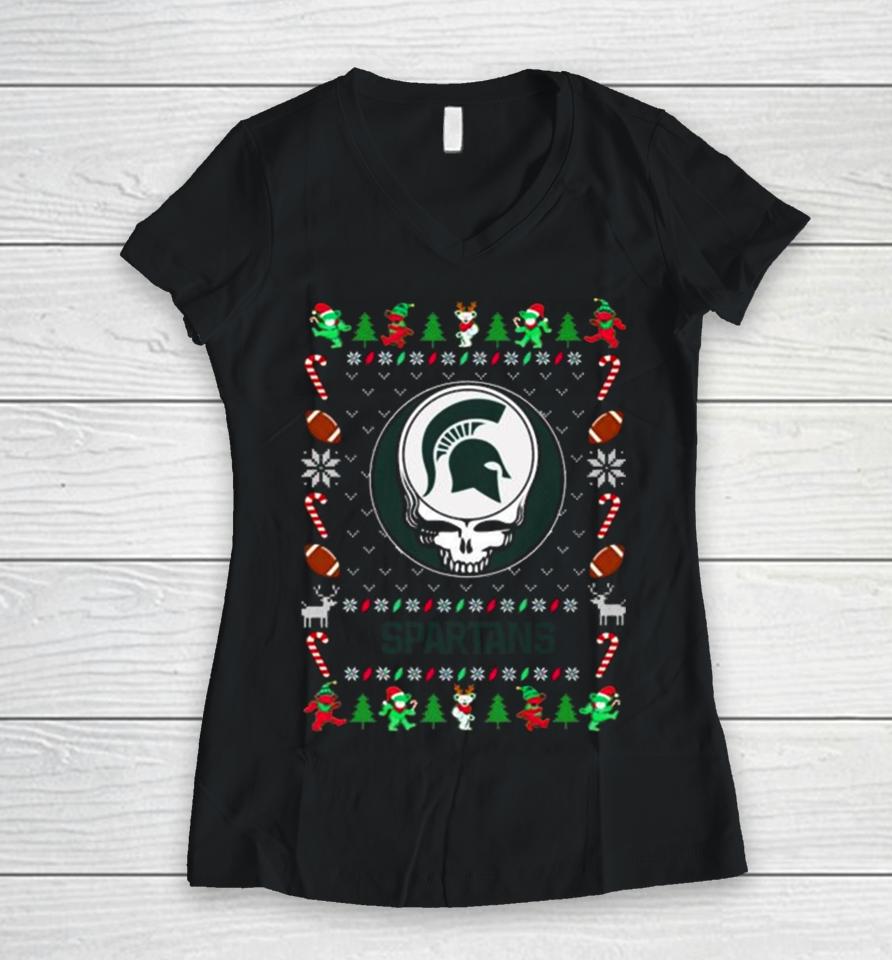 Michigan State Spartans Grateful Dead Ugly Christmas Sweatshirts Women V-Neck T-Shirt
