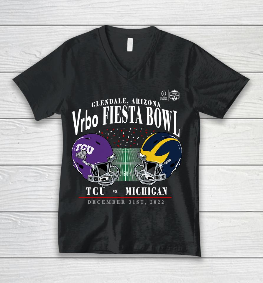 Michigan Vs Tcu Horned Frogs Vrbo Fiesta Bowl College Football Playoff 2022 Matchup Old School Unisex V-Neck T-Shirt