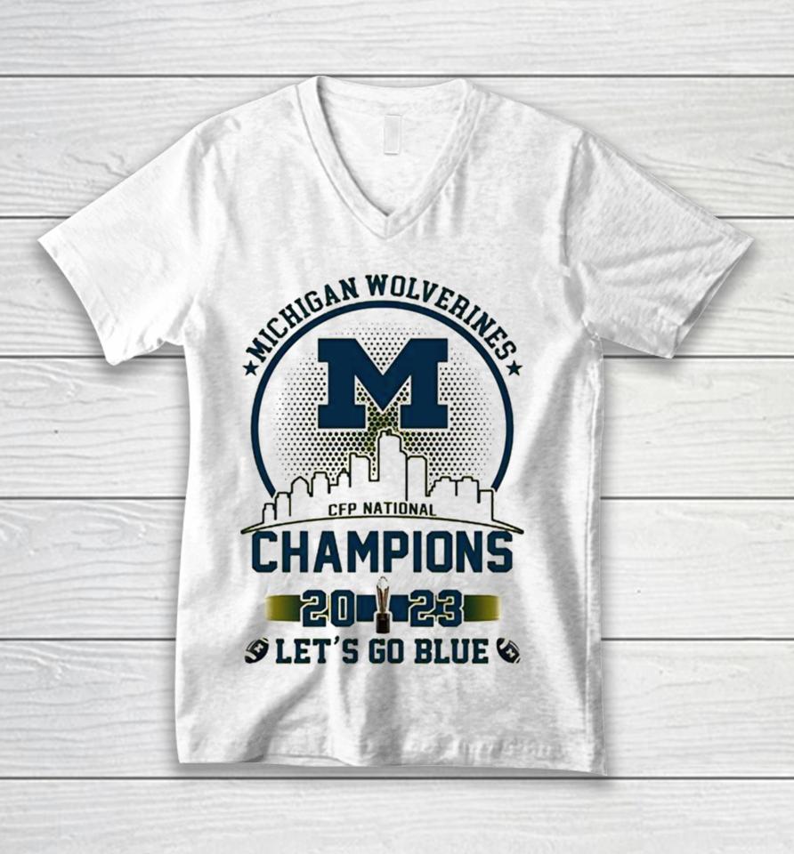 Michigan Wolverines 2023 Champions Let’s Go Blue Gold Logo Skyline Unisex V-Neck T-Shirt