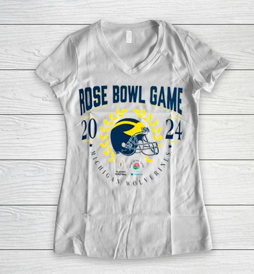 Michigan Wolverines 2023 Helmet Cfp Rose Bowl Game Bound Women V-Neck T-Shirt